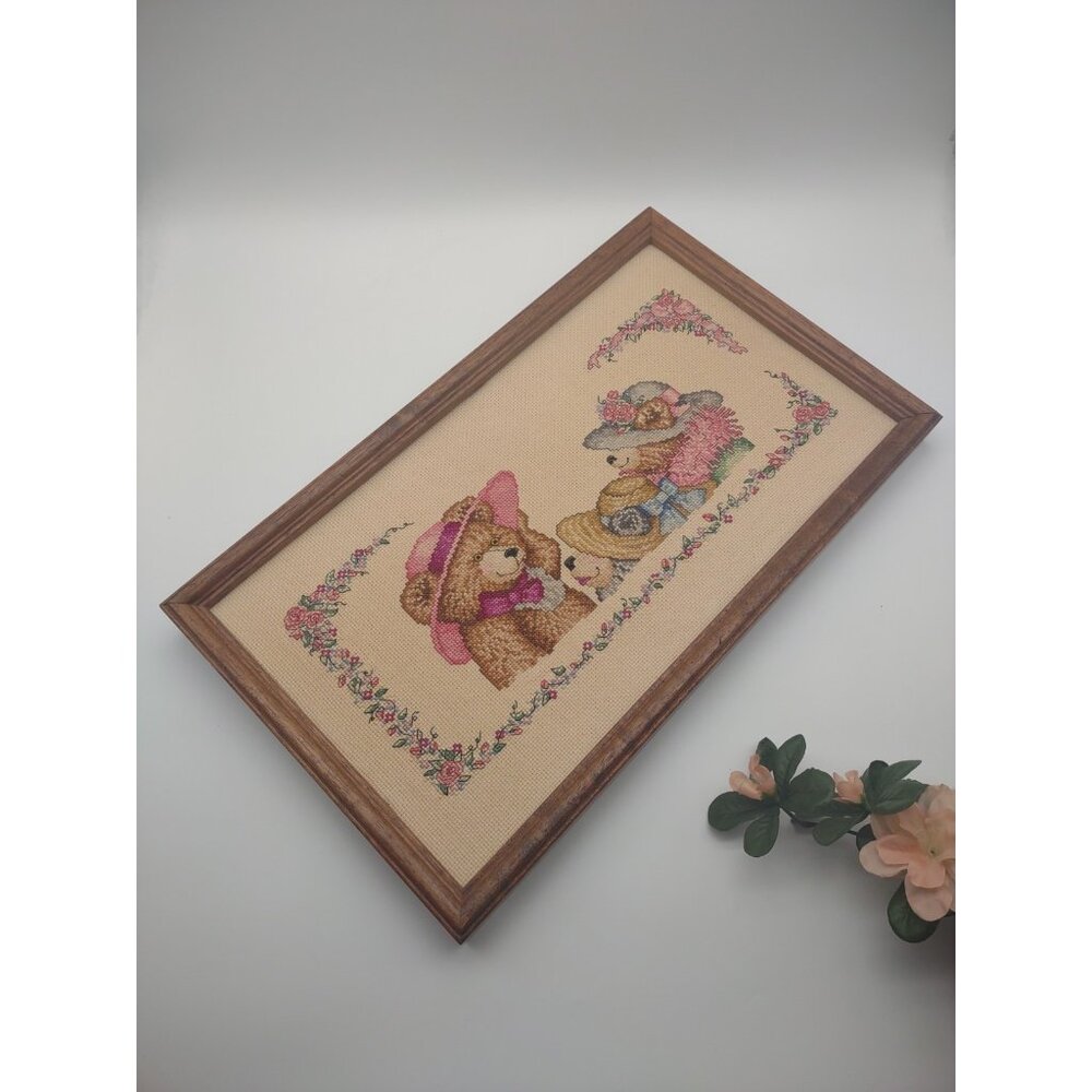 Vintage Finished Cross Stitch Chatter Hat Teddy Bears Wood Framed Wall Decor